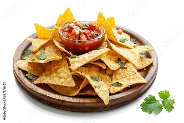 Fototapeta Board and plate of tasty Nachos with on white background.