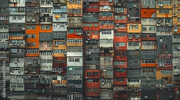 Fototapeta A row of buildings with many windows and a sign on the side