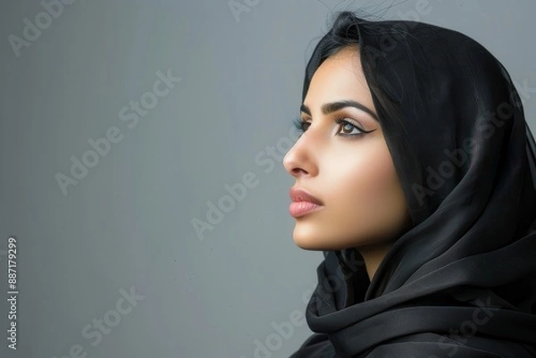 Fototapeta Close-up portrait of a woman wearing a hijab, looking to the side, with copy space.