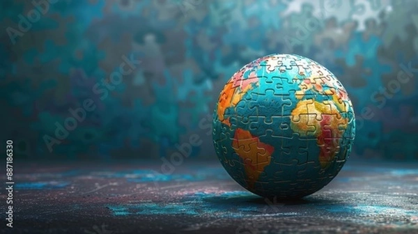 Fototapeta World puzzle globe on textured blue background.