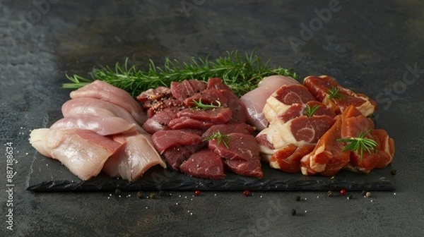 Fototapeta Assorted raw meats chicken beef and pork Front perspective