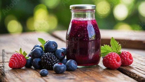 Fototapeta A small glass jar of berry juice with assorted fresh berries on a rustic wooden table, set against a natural backdrop.