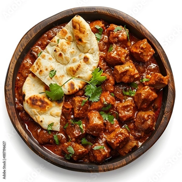 Fototapeta Board and plate of tasty Vindaloo with on white background.