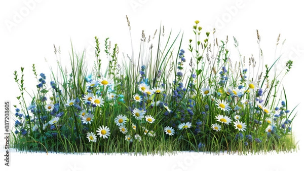 Fototapeta Spring grass and daisy wildflowers isolated with clipping path and alpha channel. PNG format isolated on transparent background.