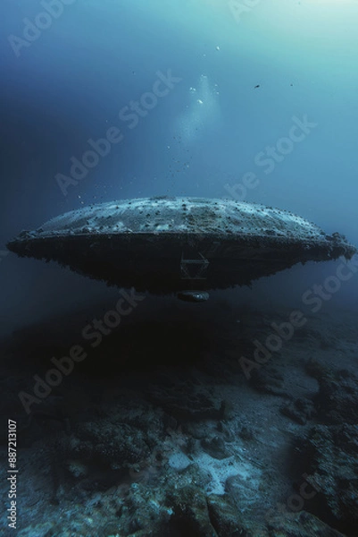 Fototapeta Flying saucer at the bottom of the ocean, dim blue underwater shot