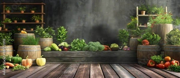 Fototapeta still life with vegetables and fruits, Garden Fresh Platform A garden-themed display platform surrounded by fresh vegetables and herbs, ideal for promoting organic and natural products. 