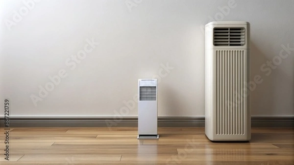 Fototapeta Lonely white remote control pointing towards modern freestanding air conditioning unit standing on polished wood floor against white wall.