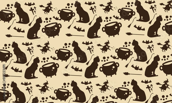 Fototapeta halloween vintage seamless vector pattern background illustration with cartoon colorful bat cat and witch