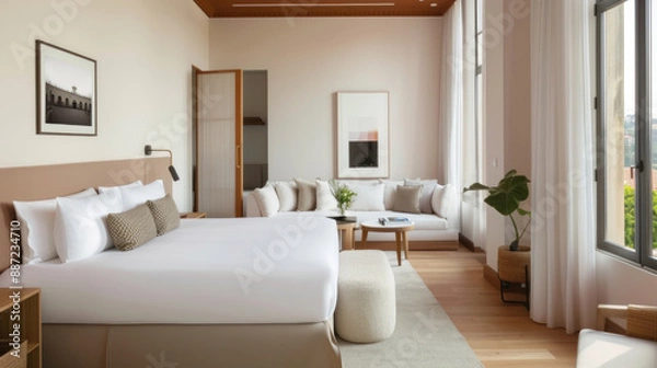 Fototapeta Comfortable hotel room with pink interior ornament for elegant impression