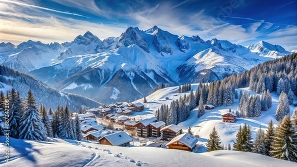 Fototapeta Winter high mountain landscape with ski resort in the French Alps, snow-capped peaks, pine trees, skiing