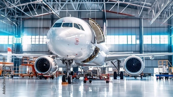 Fototapeta Professionals conducting thorough inspections on a plane in a hangar.