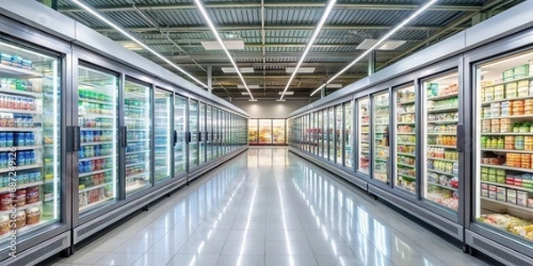 Obraz Empty supermarket aisle with freezers showcases and various products, supermarket, aisle, empty, freezers, showcases, products