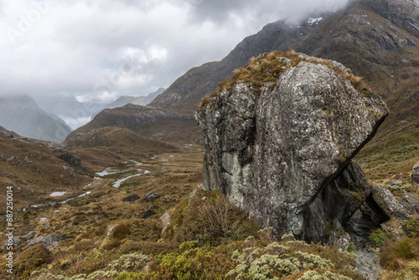 Fototapeta Large glacial erratic rock on the Routeburn Track, Fiordland National Park, New Zealand. The Route Burn river is on the valley floor in the background.