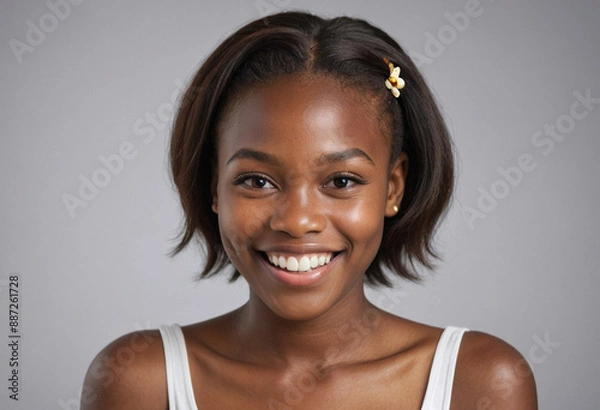 Fototapeta Portrait view of a regular happy smiling Republic of the Congo girl, ultra realistic, candid, social media, avatar image, plain solid background