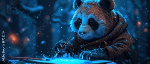 Fototapeta A panda in a painters smock is creating a mystical landscape on a glowing canvas