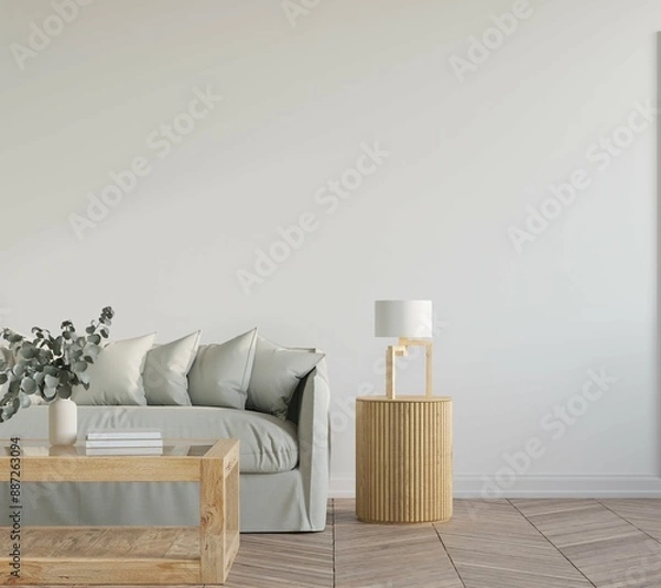 Obraz Blank wall mock up in cozy living room interior background, modern Scandinavian style, 3D render