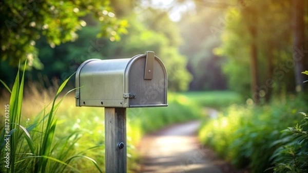 Fototapeta Grey mailbox with a generative AI-produced blurred nature background