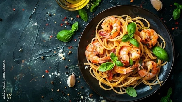 Fototapeta Tasty homemade spaghetti with shrimp olive oil and basil  This is healthy Italian food presenting from above : Generative AI