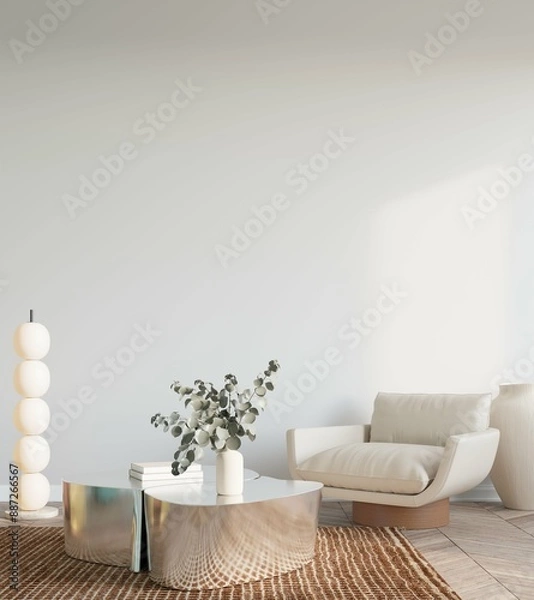 Fototapeta Blank wall mock up in cozy living room interior background, modern Scandinavian style, 3D render