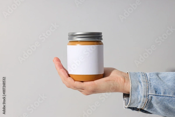 Fototapeta Peanut paste in a jar with a label, on a gray background.