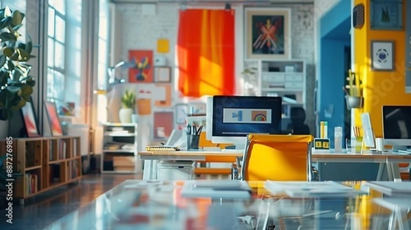 Fototapeta Empty Conference Room for Team Meetings in Modern Creative Agency with Art on Walls and Desks with Computers Office Space with Project Plan Presentation on Digital Whiteboard Monitor : Generative AI