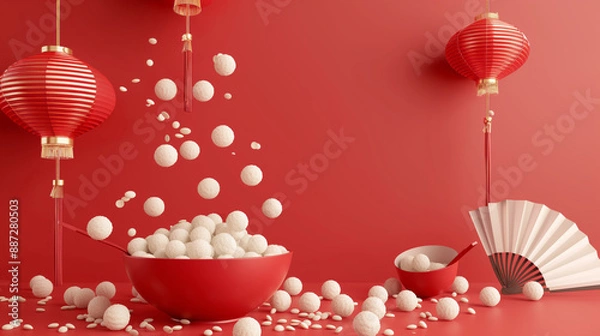 Fototapeta 3D Yuanxiao poster. Illustration of sticky rice balls falling out from red bean soup with folded fans and Chinese lantern