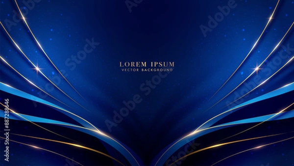 Obraz Blue luxury background with golden line curve decoration, and glitter light effect elements