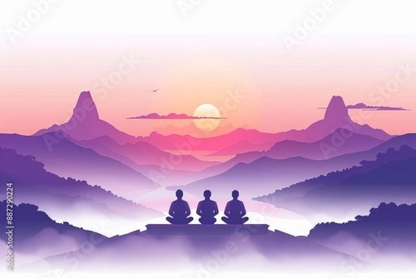 Fototapeta Silhouette of Two People Meditating at Sunset in Tranquil Mountains