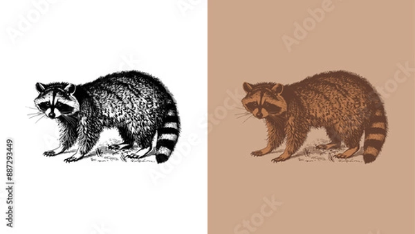 Fototapeta Classic engraving style 2-color vector illustration of a raccoon