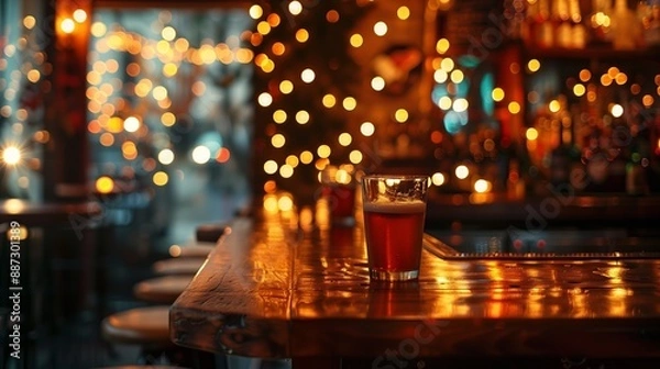 Fototapeta A vibrant pub scene showcasing a wooden bar with a glass of beer, surrounded by warm golden bokeh lights, creating a lively and inviting atmosphere for socializing.