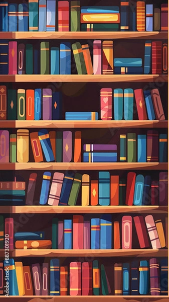 Fototapeta Aesthetic vector illustration of a bookshelf filled with colorful books. The shelves are packed with books of various sizes and colors, enhancing the lively and vibrant atmosphere. This artwork is 