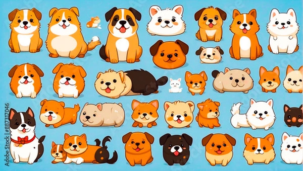 Fototapeta Many dogs of different sizes and colors on a blue backdrop.