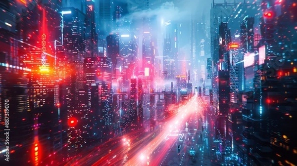 Fototapeta Glitchy futuristic city with fragmented skyscrapers and distorted neon signs, surrounded by digital noise 