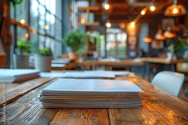 Fototapeta A stack of papers sits on a wooden table in a room with a potted plant
