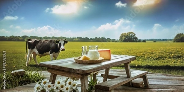 Fototapeta Rustic Dairy Farm with Assorted Cheeses and Fresh Milk