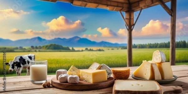 Fototapeta Rustic Dairy Farm with Assorted Cheeses and Fresh Milk