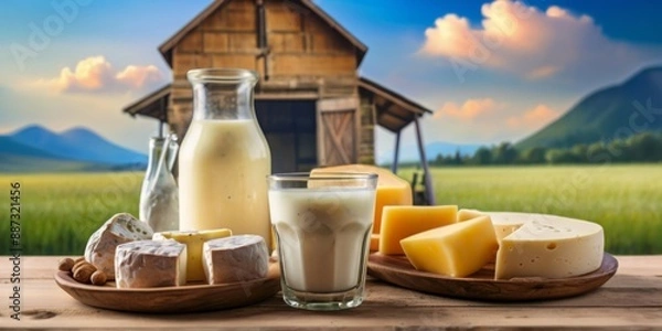 Fototapeta Rustic Dairy Farm with Assorted Cheeses and Fresh Milk