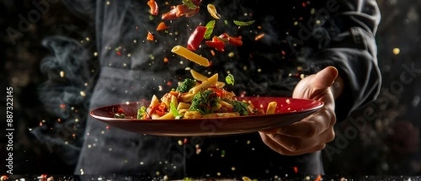 Fototapeta Dynamic Shot of Pasta Tossed in Air with Fresh Ingredients