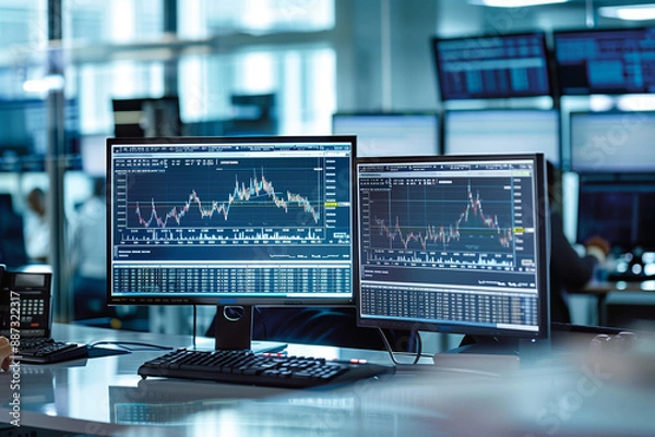 Fototapeta Stock market data on trader's monitors