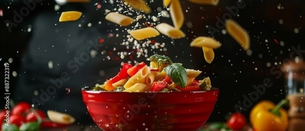 Fototapeta Dynamic Shot of Pasta Tossed in Air with Fresh Ingredients
