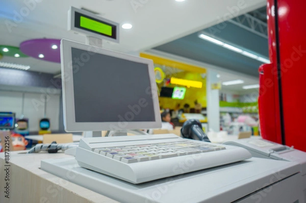 Fototapeta Empty cash desk with computer terinal in supermarket