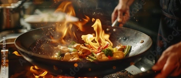 Fototapeta Chef Stir-Frying Vegetables in Flaming Pan