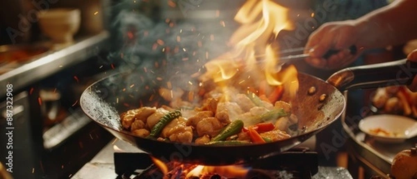 Obraz Chef Stir-Frying Vegetables in Flaming Pan