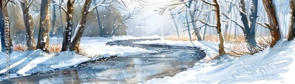 Fototapeta Serene winter landscape with a winding river flowing through a forest covered in snow, bathed in soft sunlight.