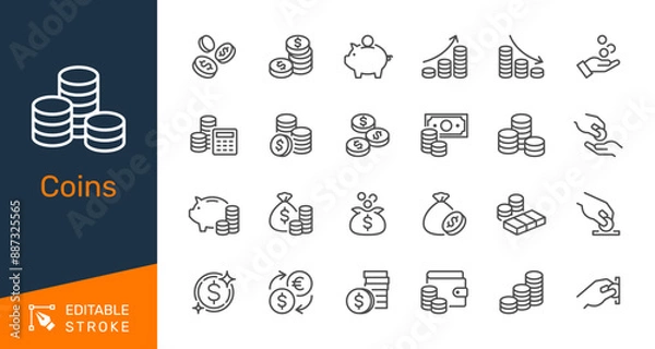 Obraz Coins thin line icons. Editable stroke. Pixel perfect.