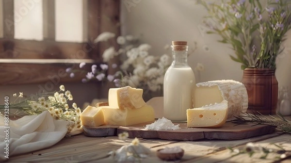 Fototapeta Different types of dairy products on wooden background 