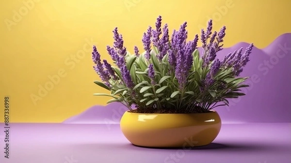 Fototapeta 3D realistic lavender plant in yellow background with empty space text