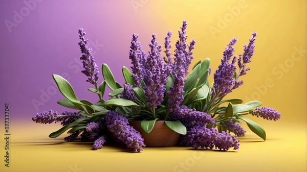 Fototapeta 3D realistic lavender plant in yellow background with empty space text