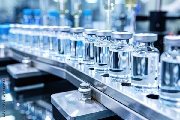 Fototapeta A close-up view of a conveyor belt carrying rows of sterile vials, showcasing the meticulous process of pharmaceutical manufacturing
