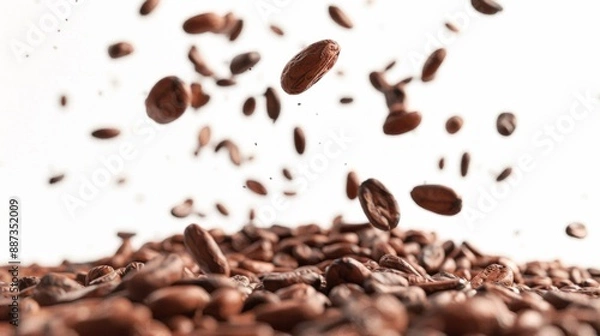 Fototapeta Cocoa beans fall from the sky, landing on a pile of their brethren